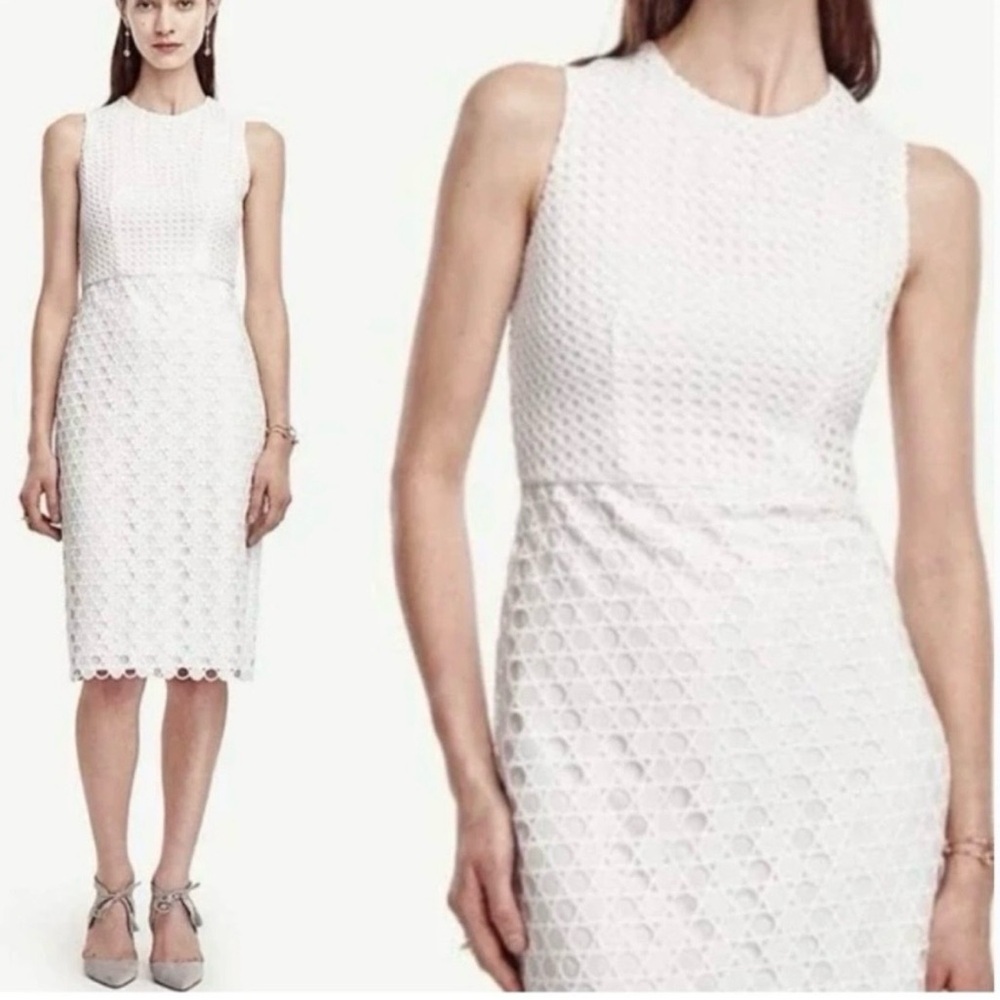 Ann Taylor Sleeveless Eyelet Lace White Midi Cocktail Sheath Dress EUC Size 6